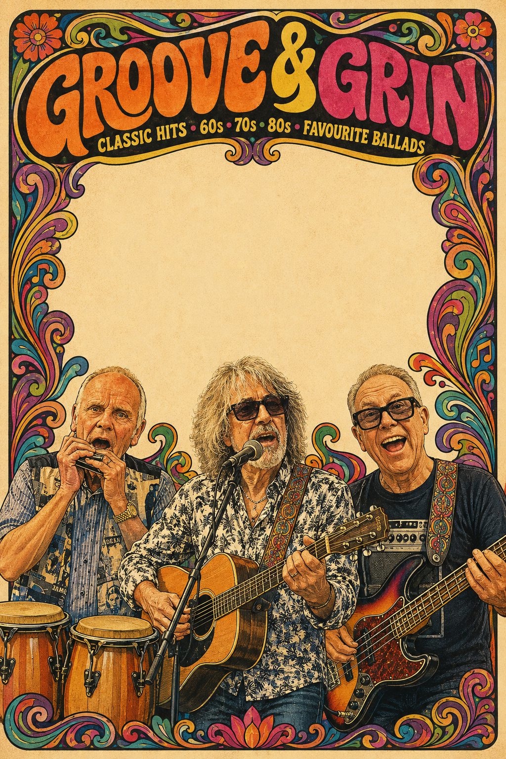 Illustrated Groove & Grin poster featuring Tom with harmonica and congas, Roger singing with an acoustic guitar, and Tyrone playing a Fender Jazz bass.